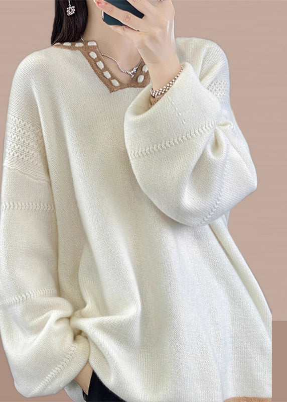 Simple Light Camel V Neck Patchwork Knit Sweaters Spring