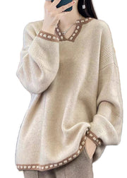 Simple Light Camel V Neck Patchwork Knit Sweaters Spring