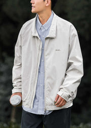 Simple Light Grey Peter Pan Collar Zippered Cotton Men Coat Spring