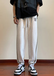 Simple Light Grey Pockets Drawstring Warm Fleece Mens Beam Pants Winter