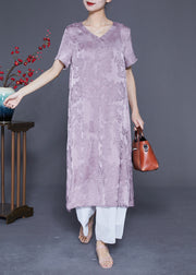 Simple Light Purple V Neck Jacquard Silk Vacation Dresses Summer