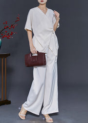 Simple Milk White Asymmetrical Tie Waist Silk Two Piece Suit Set Summer