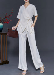 Simple Milk White Asymmetrical Tie Waist Silk Two Piece Suit Set Summer