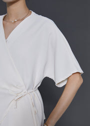 Simple Milk White Asymmetrical Tie Waist Silk Two Piece Suit Set Summer