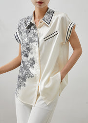 Simple Milk White Print Draping Silk Blouses Summer