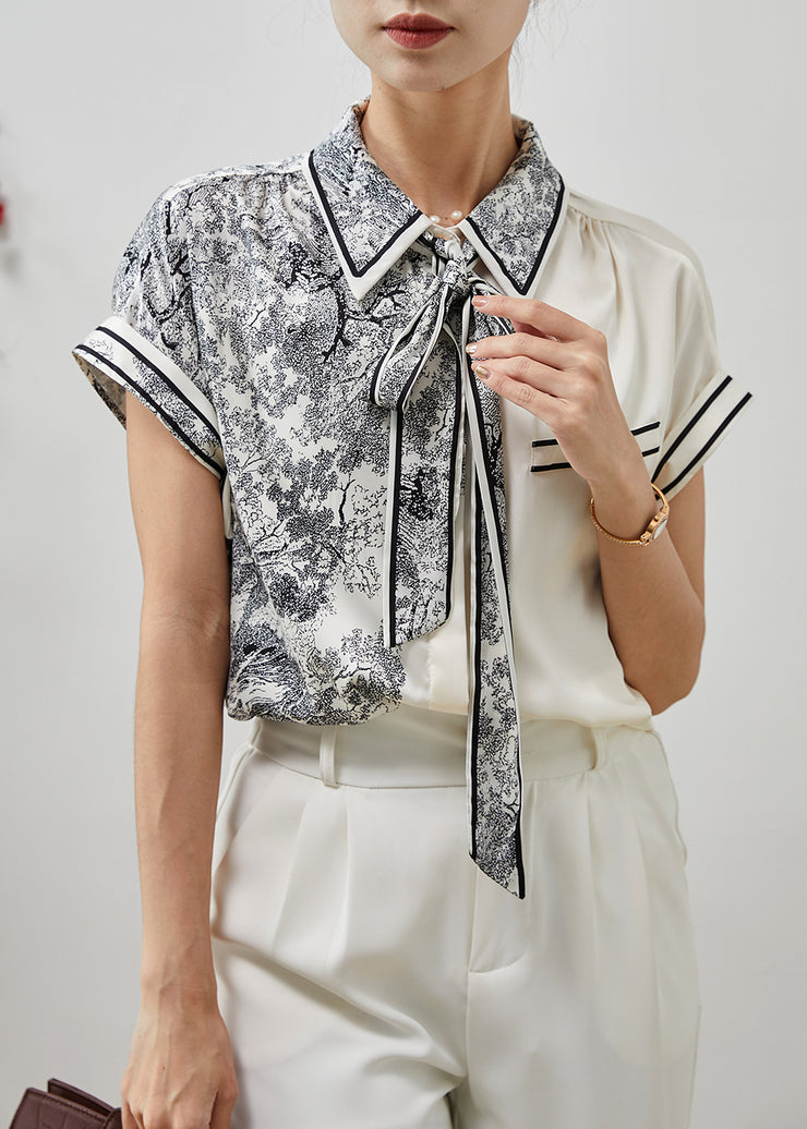 Simple Milk White Print Draping Silk Blouses Summer