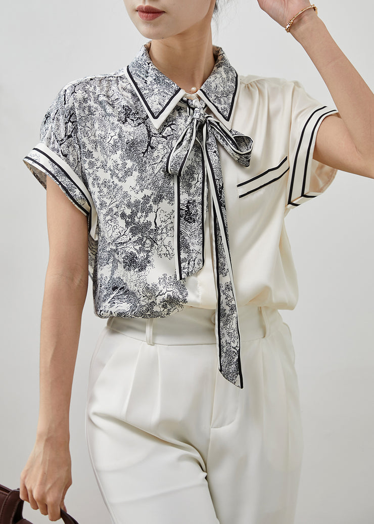 Simple Milk White Print Draping Silk Blouses Summer