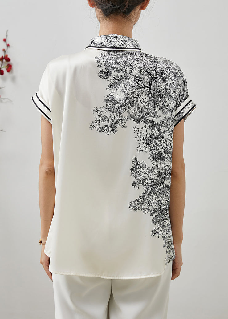 Simple Milk White Print Draping Silk Blouses Summer