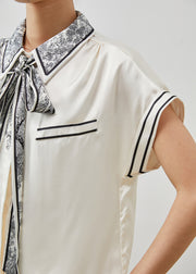 Simple Milk White Print Draping Silk Blouses Summer