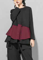 Simple Mulberry O-Neck Ruffled Patchwork Top Spring