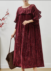 Simple Mulberry Ruffled Patchwork Jacquard Silk Velvet Maxi Dresses Fall