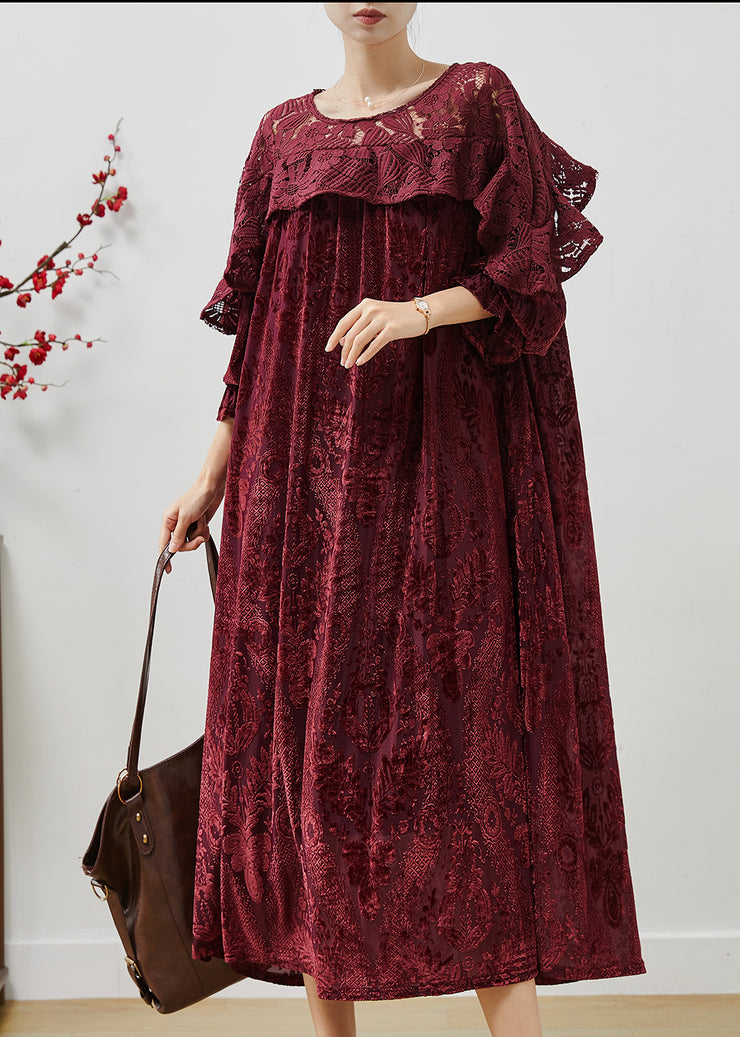 Simple Mulberry Ruffled Patchwork Jacquard Silk Velvet Maxi Dresses Fall