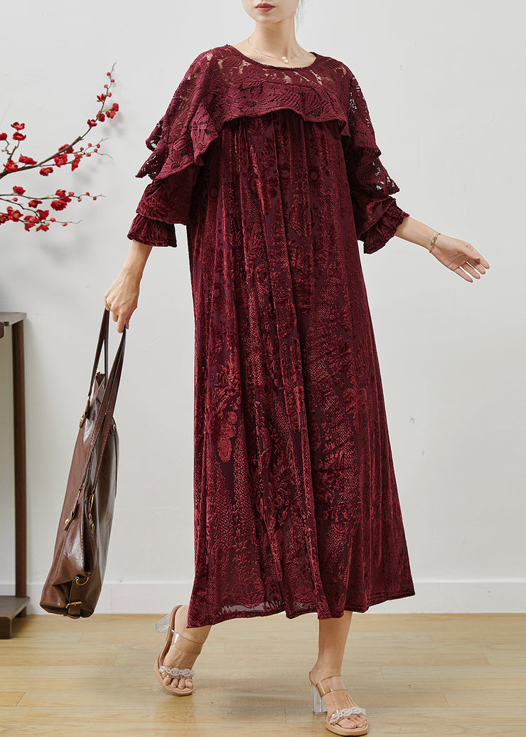 Simple Mulberry Ruffled Patchwork Jacquard Silk Velvet Maxi Dresses Fall