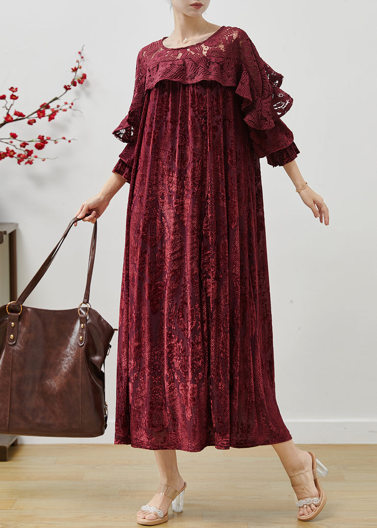 Simple Mulberry Ruffled Patchwork Jacquard Silk Velvet Maxi Dresses Fall