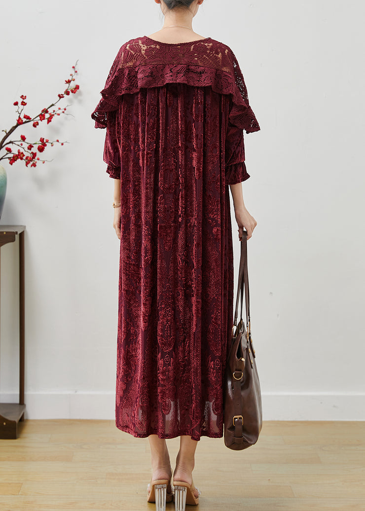 Simple Mulberry Ruffled Patchwork Jacquard Silk Velvet Maxi Dresses Fall