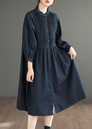 Simple Navy Button Wrinkled Patchwork Denim Shirts Dress Fall