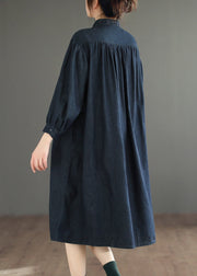 Simple Navy Button Wrinkled Patchwork Denim Shirts Dress Fall