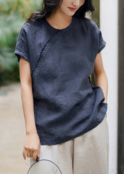 Simple Navy O Neck Side Open Linen T Shirt Top Summer