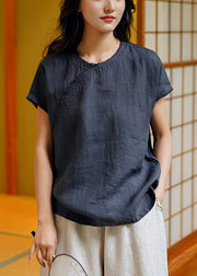 Simple Navy O Neck Side Open Linen T Shirt Top Summer