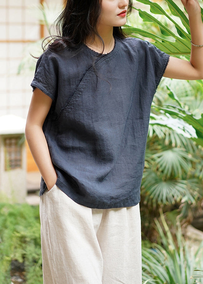 Simple Navy O Neck Side Open Linen T Shirt Top Summer