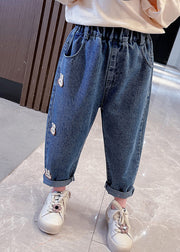 Simple Navy Patchwork Elastic Waist Girls Dnim Pants