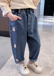 Simple Navy Patchwork Elastic Waist Girls Dnim Pants