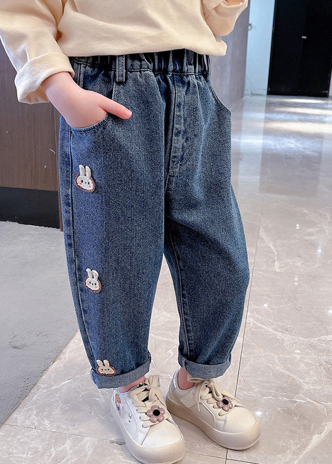 Simple Navy Patchwork Elastic Waist Girls Dnim Pants