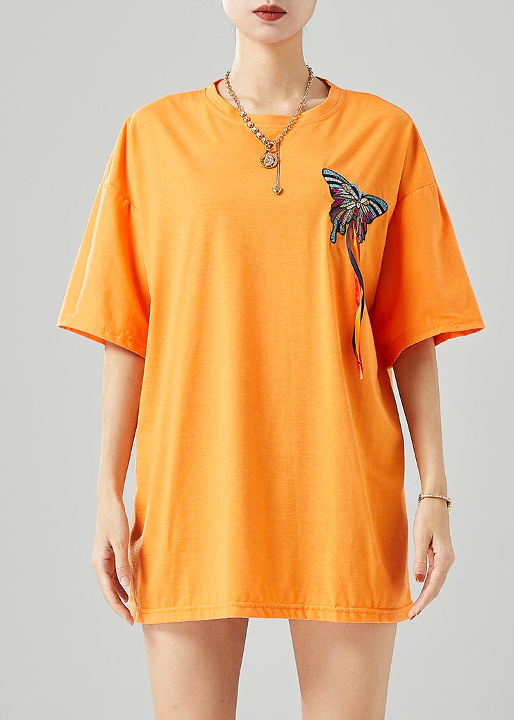 Simple Orange Embroidered Butterfly Tassel Cotton Tank Summer