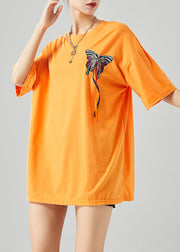 Simple Orange Embroidered Butterfly Tassel Cotton Tank Summer