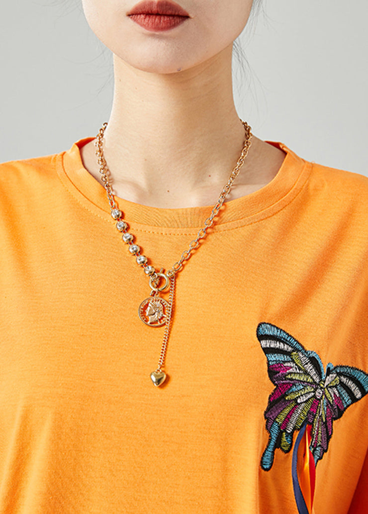 Simple Orange Embroidered Butterfly Tassel Cotton Tank Summer