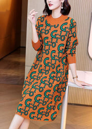 Simple Orange O-Neck Letter Print Knit Sweater Dress Long Sleeve