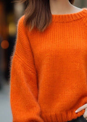 Simple Orange O Neck Solid Cozy Cotton Knit Sweaters Long Sleeve