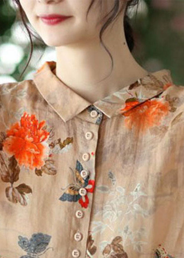 Simple Grey-flower Peter Pan Collar Print Button Cotton Blouse Tops Long Sleeve