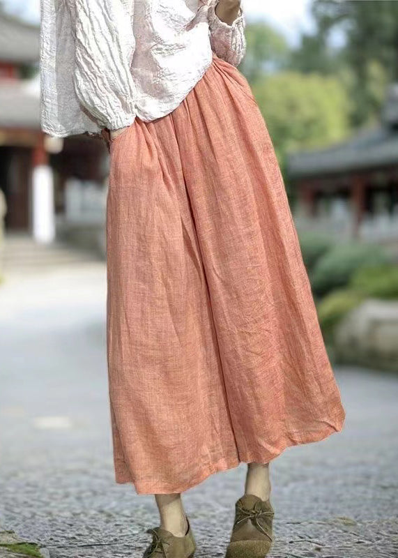 Simple Orange Pockets Elastic Waist Linen Wide Leg Pants Summer