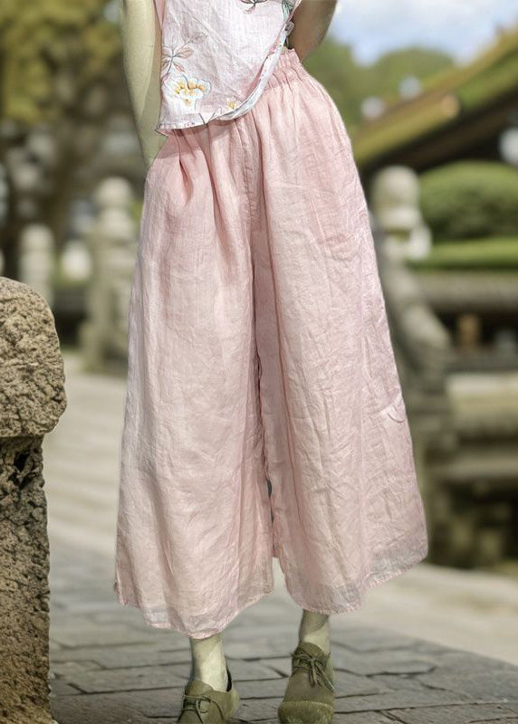 Simple Orange Pockets Elastic Waist Linen Wide Leg Pants Summer