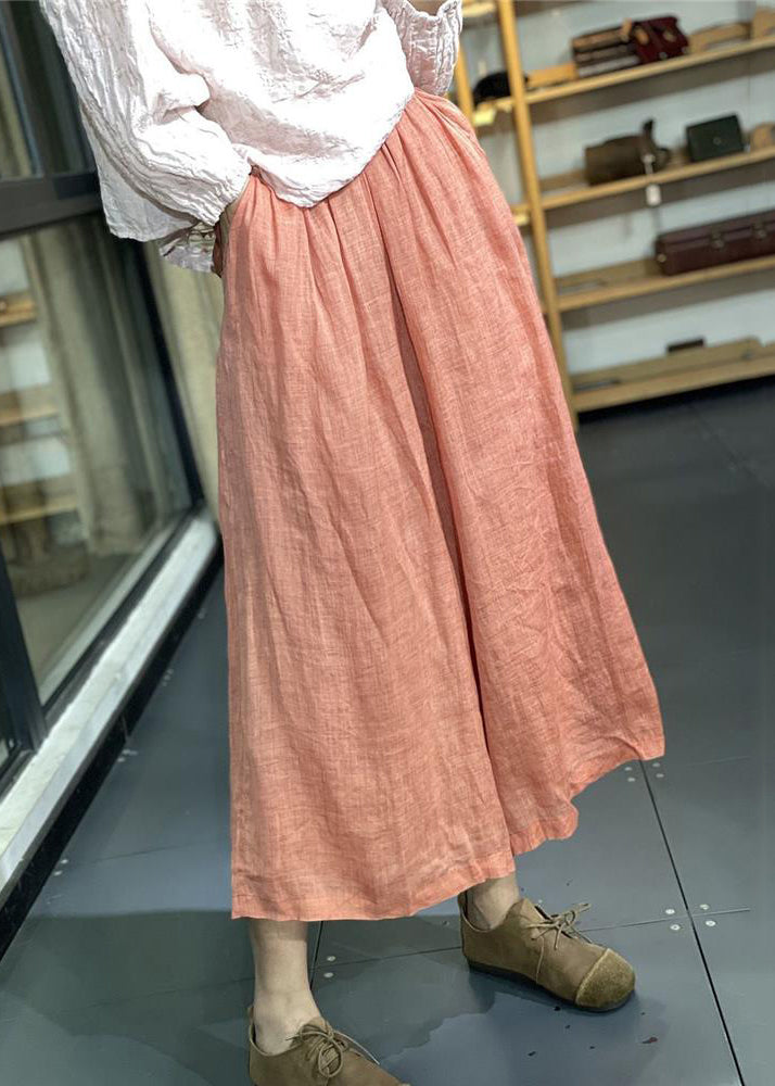 Simple Orange Pockets Elastic Waist Linen Wide Leg Pants Summer