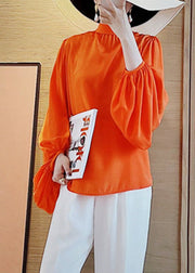 Simple Orange Stand Collar Silk Top Lantern Sleeve