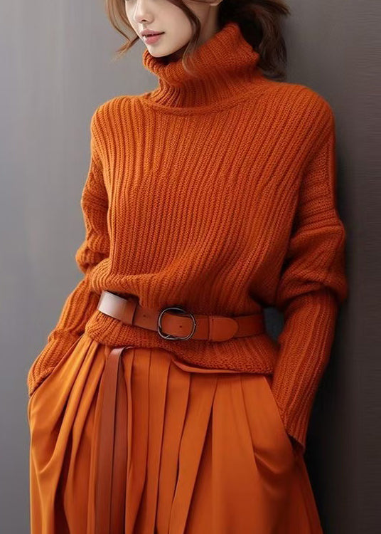 Simple Orange Turtleneck Solid Thick Knit Sweaters Spring