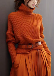 Simple Orange Turtleneck Solid Thick Knit Sweaters Spring