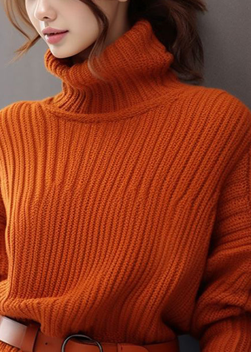 Simple Orange Turtleneck Solid Thick Knit Sweaters Spring