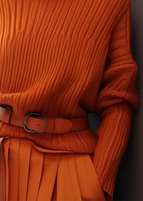 Simple Orange Turtleneck Solid Thick Knit Sweaters Spring