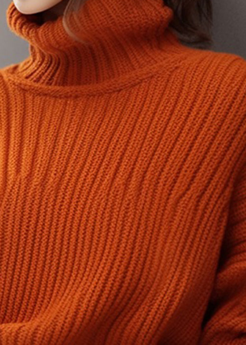 Simple Orange Turtleneck Solid Thick Knit Sweaters Spring