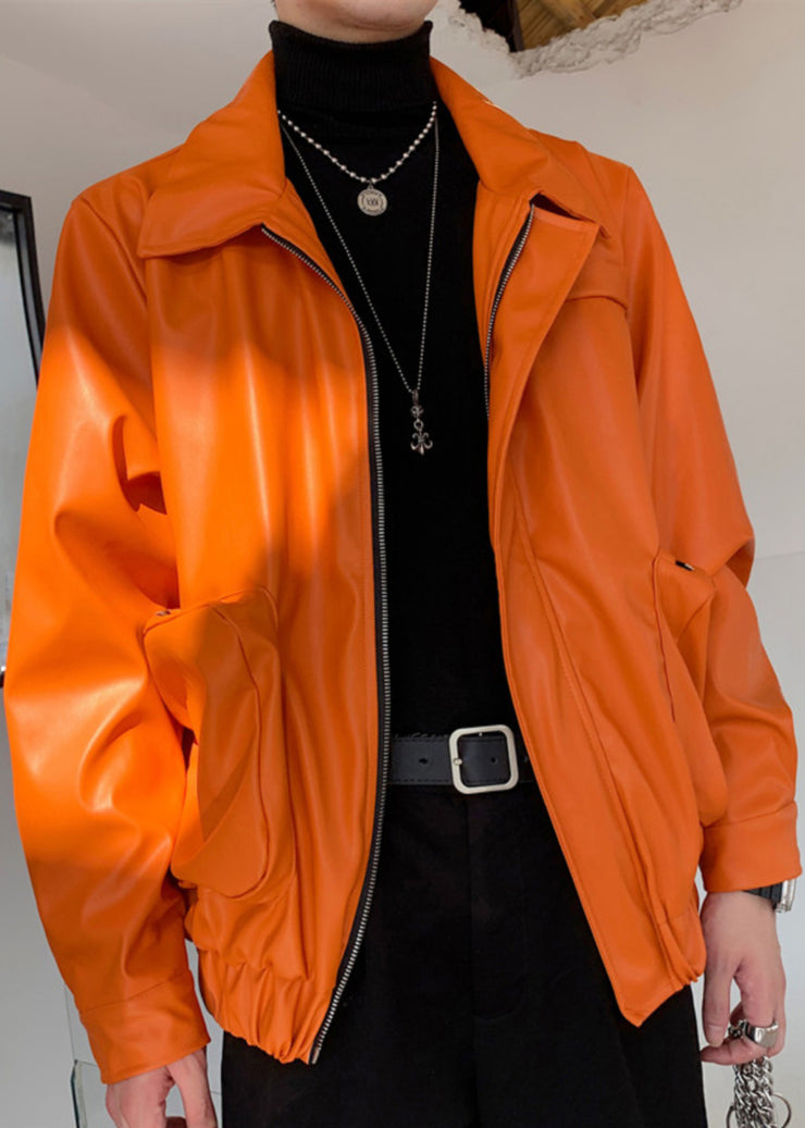 Simple Orange Zippered Pockets Faux Leather Mens Coats Spring