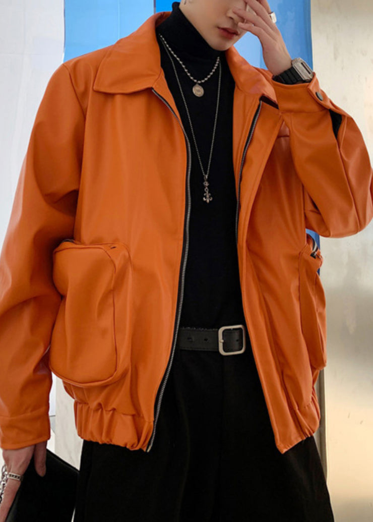 Simple Orange Zippered Pockets Faux Leather Mens Coats Spring