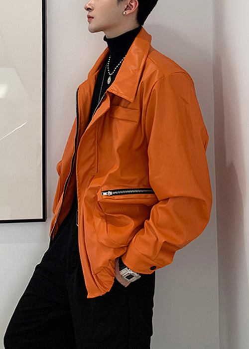 Simple Orange Zippered Pockets Faux Leather Mens Coats Spring