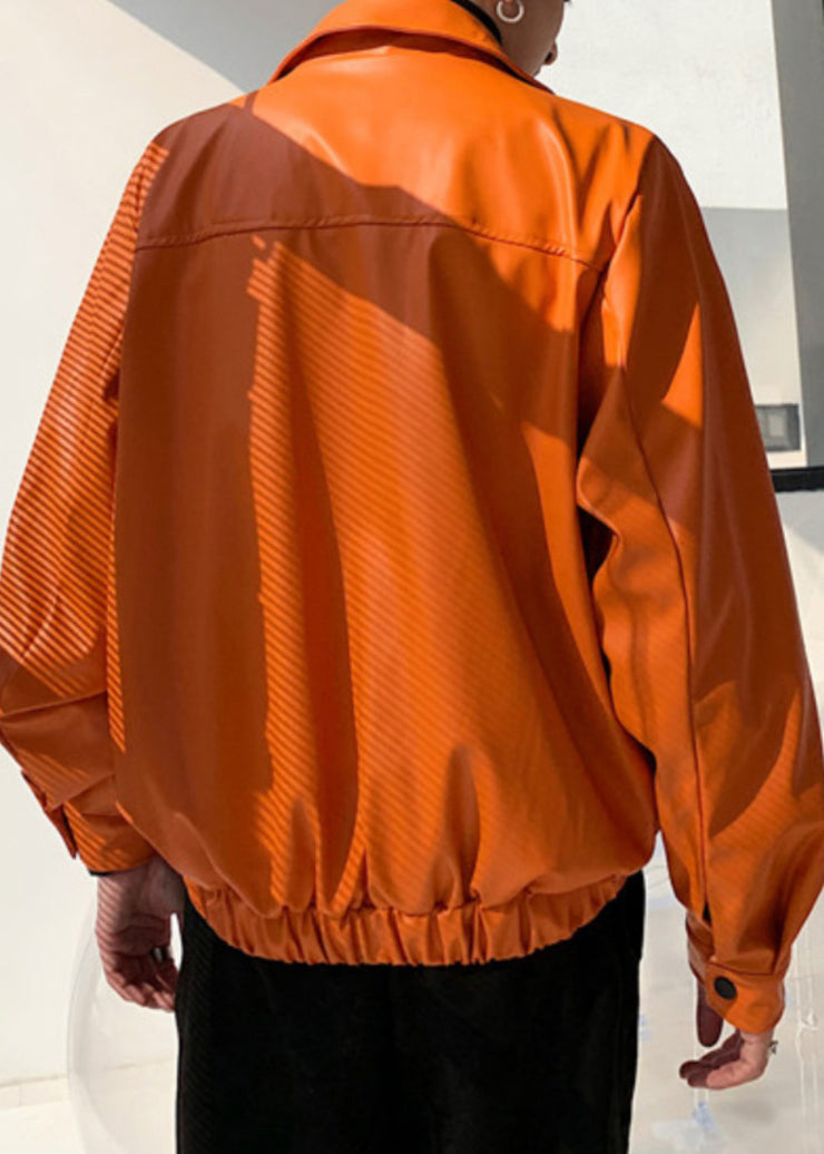 Simple Orange Zippered Pockets Faux Leather Mens Coats Spring