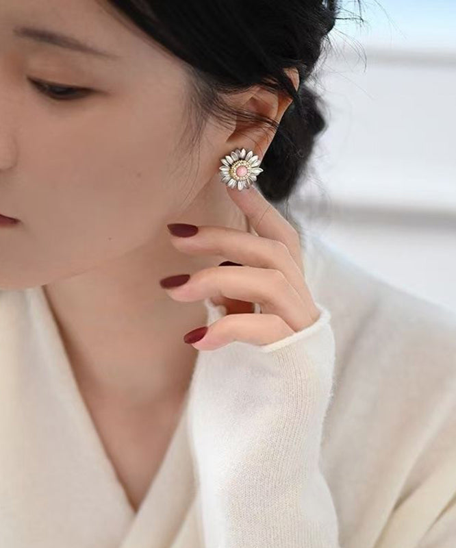 Simple Pink Alloy Zircon Daisy Stud Earrings