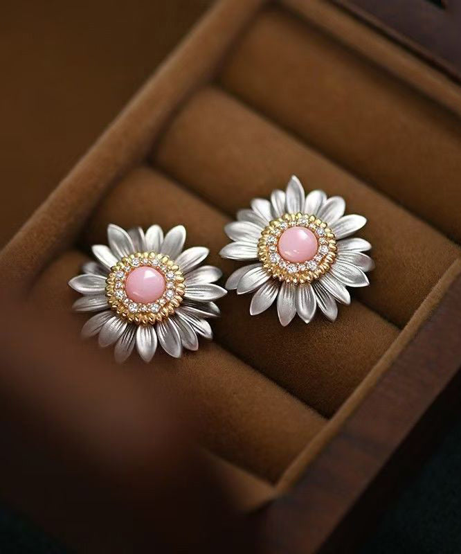 Simple Pink Alloy Zircon Daisy Stud Earrings