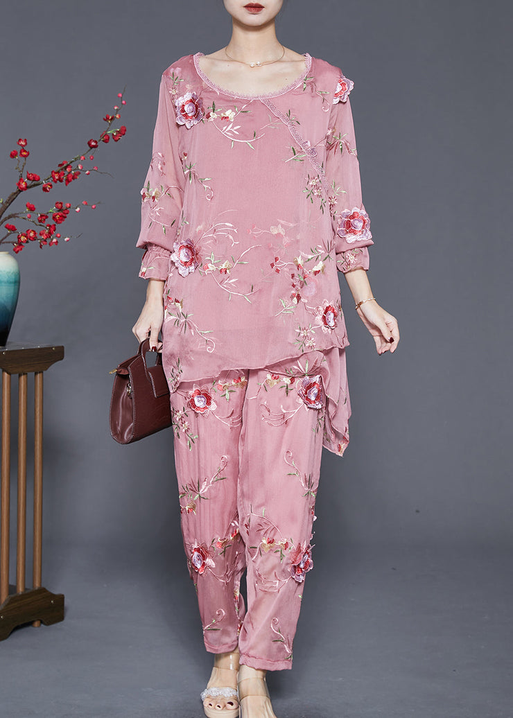 Simple Pink Asymmetrical Design Embroidered Floral Silk Two Pieces Set Spring