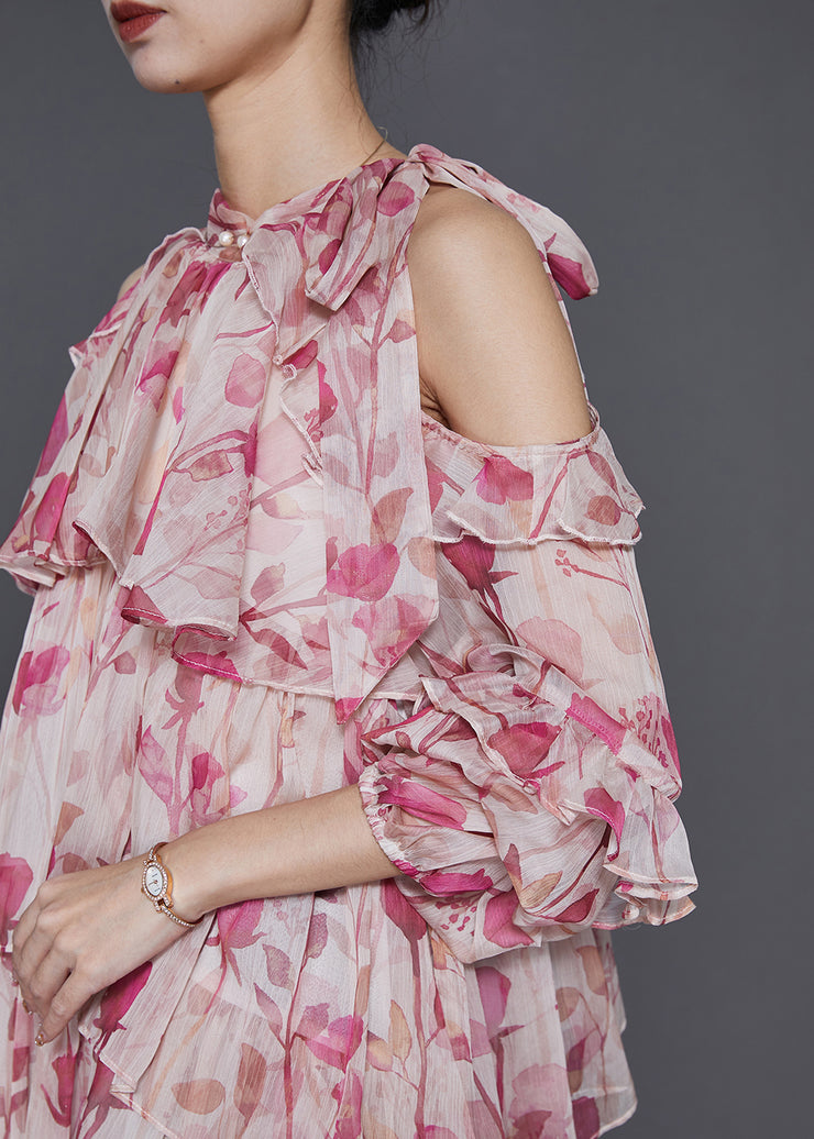 Simple Pink Cold Shoulder Print Chiffon Beach Dress Summer